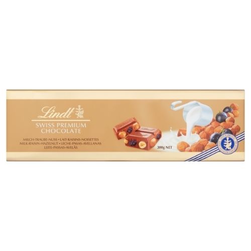 LINDT GOLD BAR HAZELNUT/RAISIN 300G