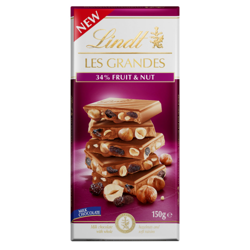 LINDT LES GRANDES MILK CHOCOLATE34% FRUIT & NUT BAR 150G