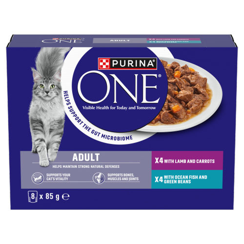 PURINA ONE ADULT CAT FOOD FISH AND LAMB 8PK 85G