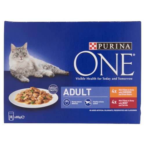 PURINA ONE ADULT CAT FOOD CHICKEN AND BEEF 8PK 85G