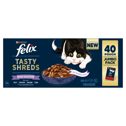 FELIX TASTY SHREDS MIXED SELECTION IN GRAVY WET CAT FOOD 40 X 80G