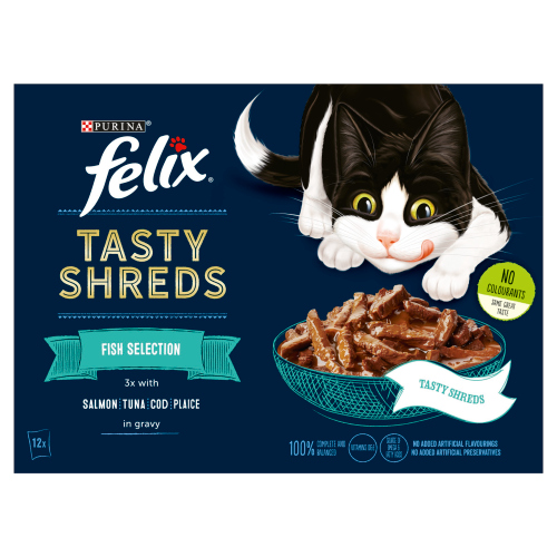 FELIX TASTY SHREDS FISH SELECTION IN GRAVY POUCHES 12PK 80G