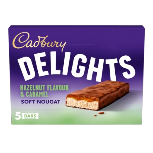 CADBURY DELIGHTS SOFT NOUGAT HAZELNUT FLAVOUR & CARAMEL BARS 5PK 110G