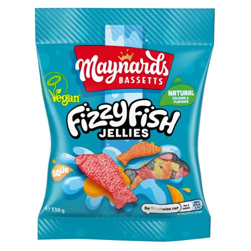 MAYNARDS BASSETTS SOFT JELLIES FIZZY FISH SWEETS BAG 130G
