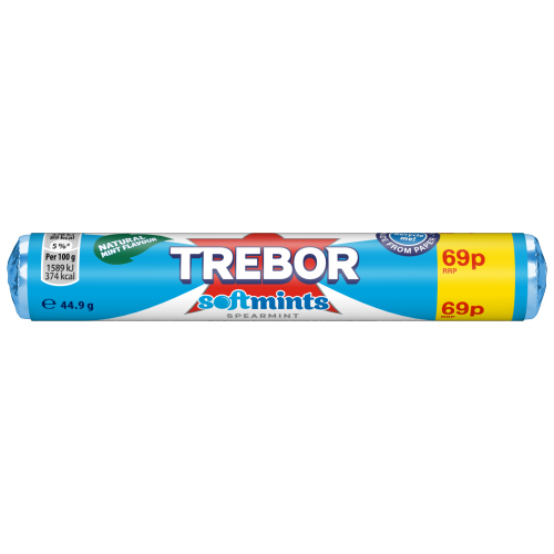 TREBOR NATURAL MINT FLAVOUR SOFTMINTS SPEARMINT PMP  69P 44.9G