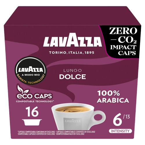 LAVAZZA A MODO MIO ECO CAPS COMPOSTABLE LUNGO DOLCE COFFEE CAPSULES 16 124.8G