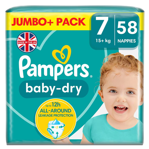 PAMPERS BABY DRY NAPPIES SIZE 7 JUMBO 58PK