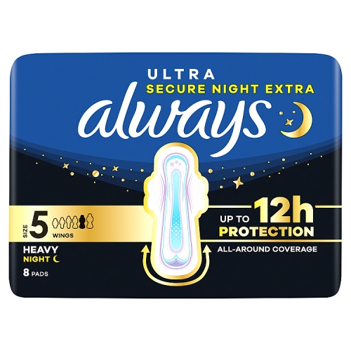 ALWAYS ULTRA SANITARY TOWELS SECURE NIGHT EXTRA  WITH WINGS SIZE -5 8PK