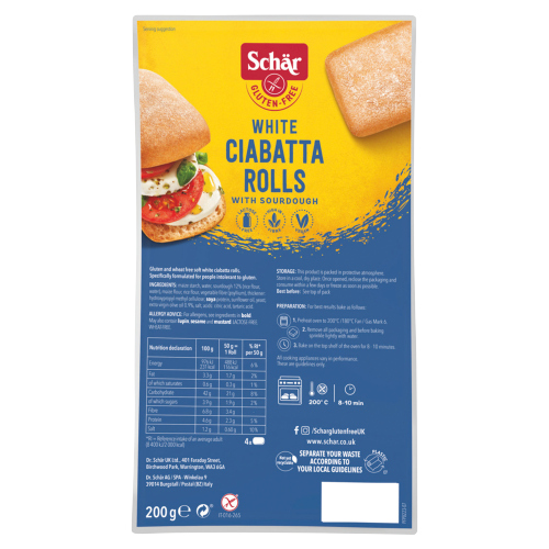 SCHAR WHITE CIABATTA ROLLS GLUTEN FREE 200G