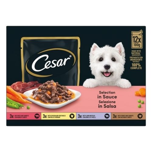 CESAR DELICIOUSLY FRESH DOG POUCHES FAVOURITES IN SAUCE 12PK 100G
