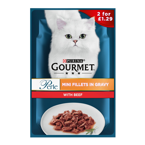 GOURMET PERLE MINI FILLETS IN GRAVY BEEF 2 FOR PMP £1.29 85G