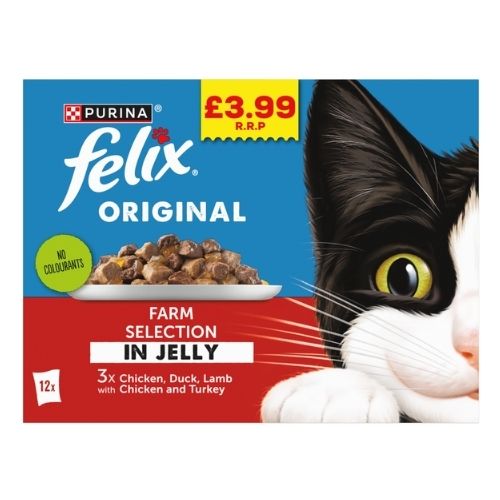 FELIX ORIGINAL FARM SELECTION IN JELLY WET CAT FOOD PMP £3.99 12PK 85G