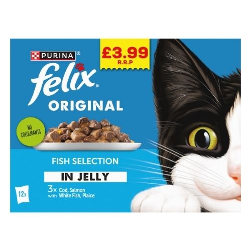 FELIX ORIGINAL CHUNKS IN JELLY MIXED VARIETY FISH SELECTION PMP £3.99 12PK 85G