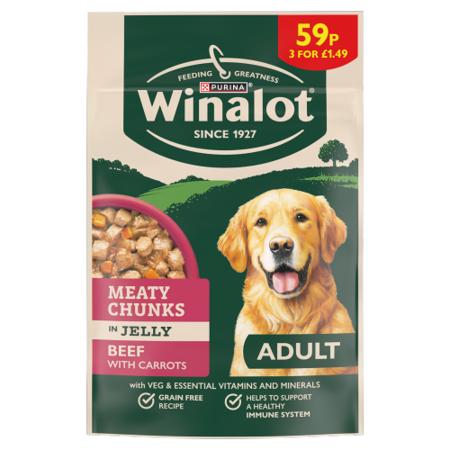 WINALOT MEATY CHUNKS RICH IN BEEF WITH CARROTS IN JELLY PMP £1.49 100G