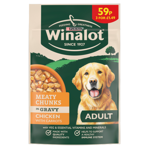 WINALOT MEATY CHUNKS RICH IN CHICKEN WITH CARROTS IN GRAVY PMP £1.49 100G