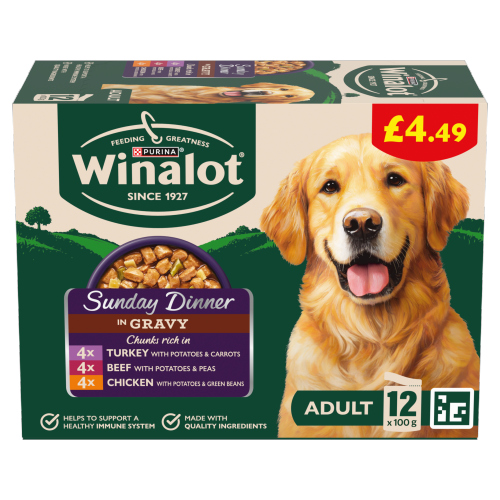 WINALOT SUNDAY DINNER MIXED IN GRAVY WET DOG FOOD PMP £4.49 12PK 100G