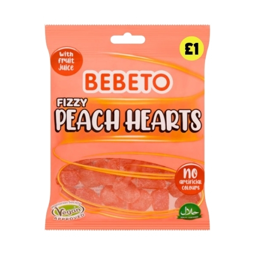 BEBETO FIZZY PEACH HEARTS PMP £1.00 150G