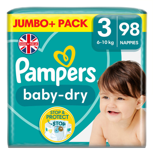 PAMPERS BABY DRY NAPPIES SIZE 3 JUMBO 98PK