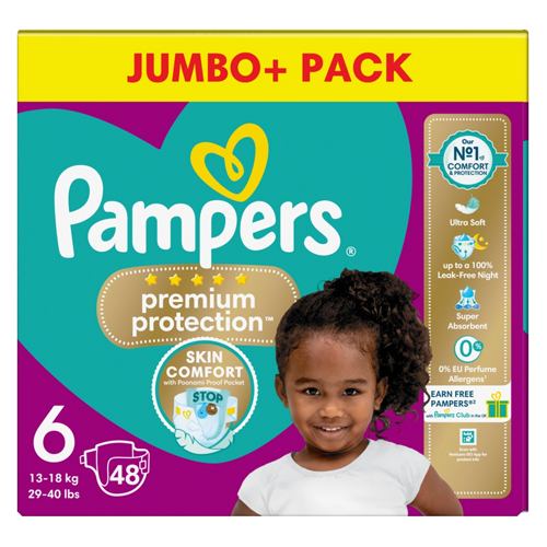 PAMPERS PREMIUM PROTECTION NAPPY SIZE 6 JUMBO 48PK