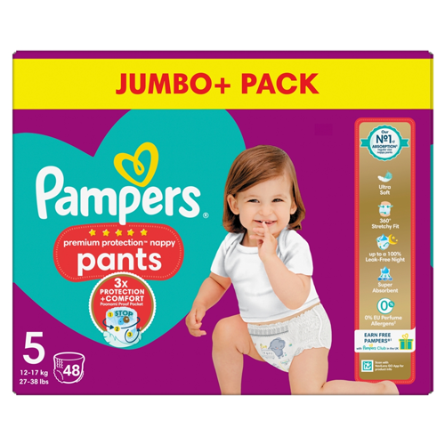 PAMPERS PREMIUM PROTECTION NAPPY PANTS SIZE 5 JUMBO 48PK