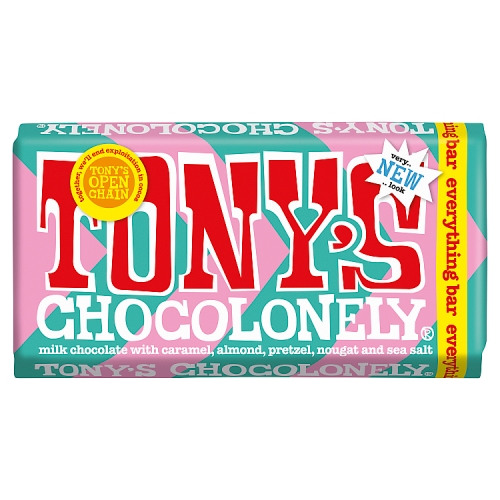 TONY'S CHOCOLONELY MILK CHOCOLATE WITH CARAMEL, ALMOND,PRETZEL, NOUGAT & SEA SALT BLOCK 180G
